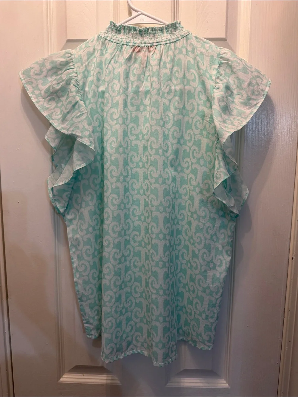 Jude Connally Aqua and White Printed Smocked Neck Blouse - Picture 4 of 4